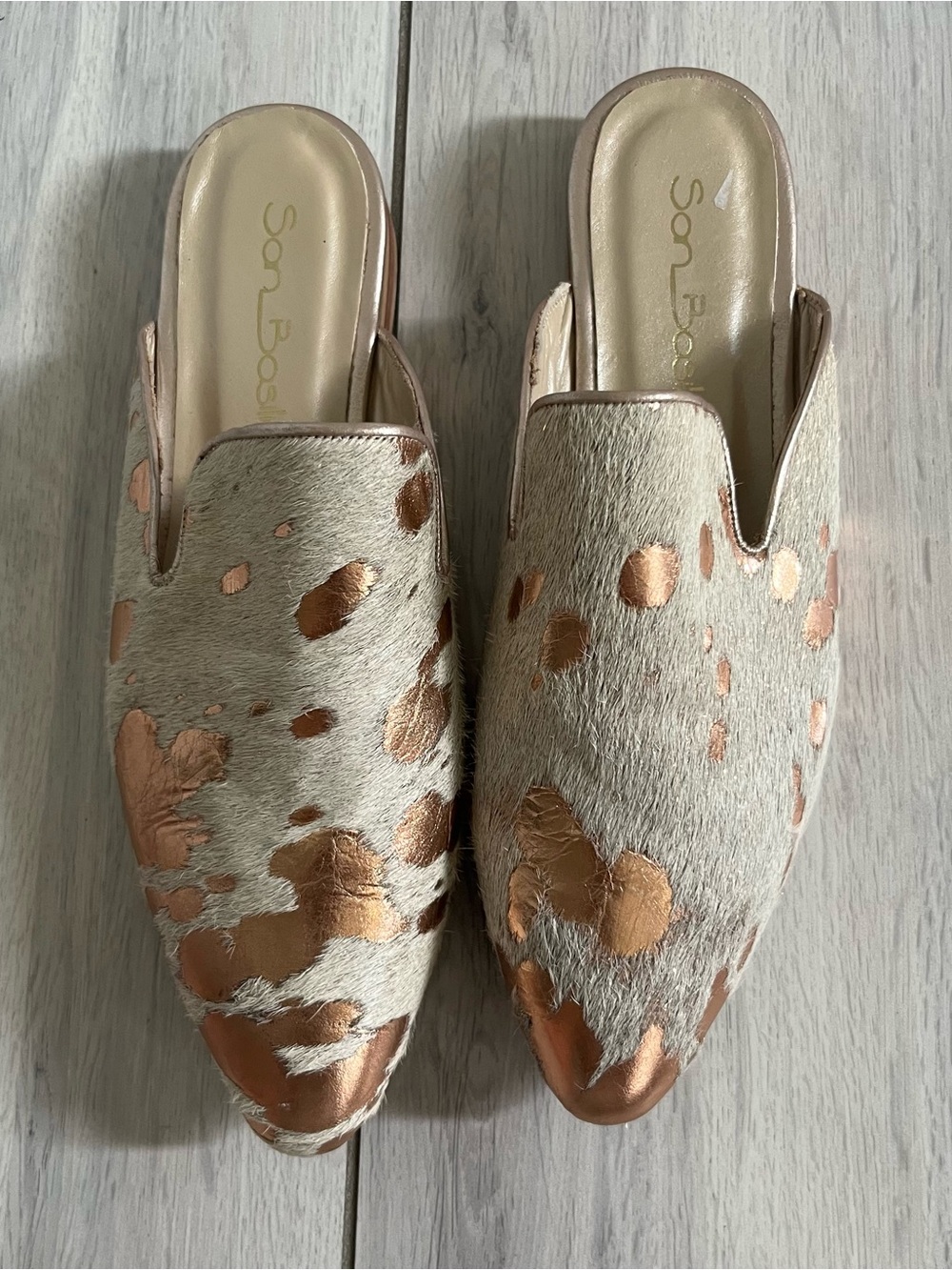 Cream & Rose Gold Haircalf Slip-On Mules